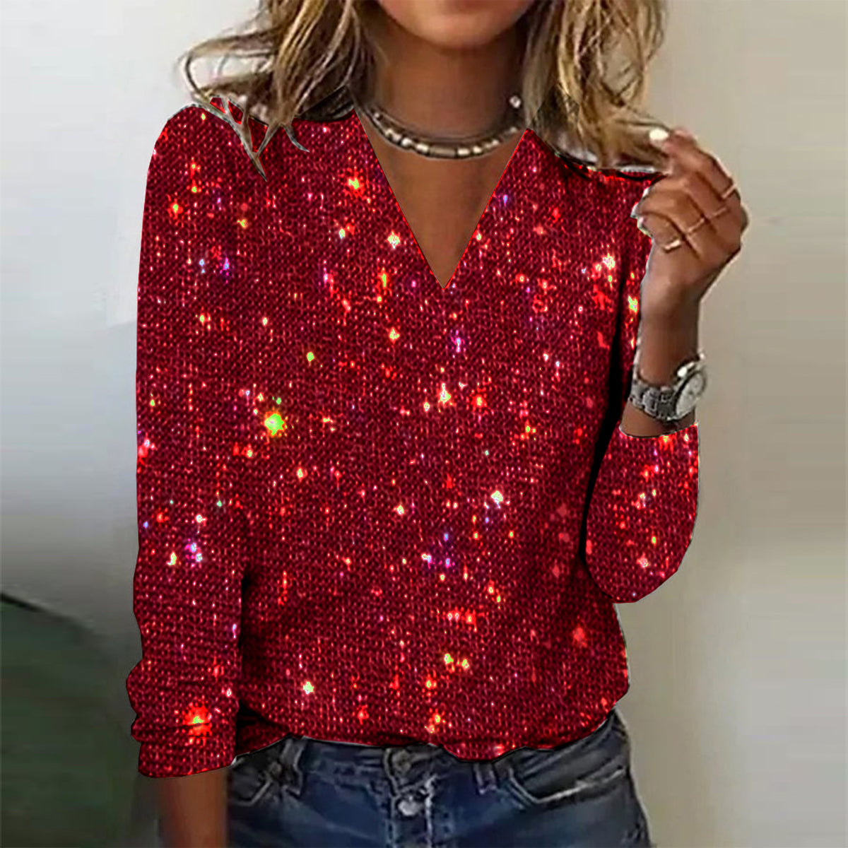Langärmlige Bluse mit Glitzerfinish und V-Ausschnitt für Damen | Ideal für festliche Anlässe