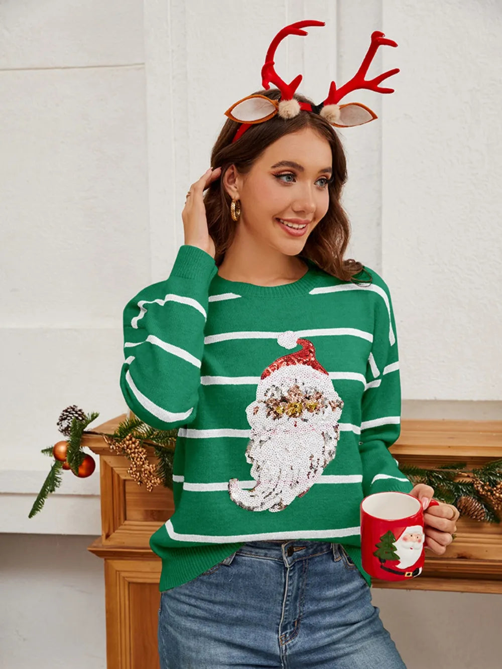 Pailletten-Weihnachts-Pullover mit gestreiftem Santa – Grün, Rot &amp; Schwarz