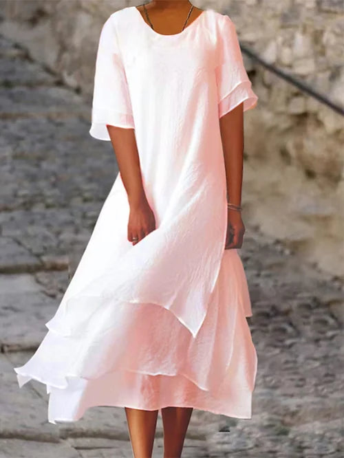 Doppellagiges Baumwoll-Leinen-Kleid für Frauen | Midi