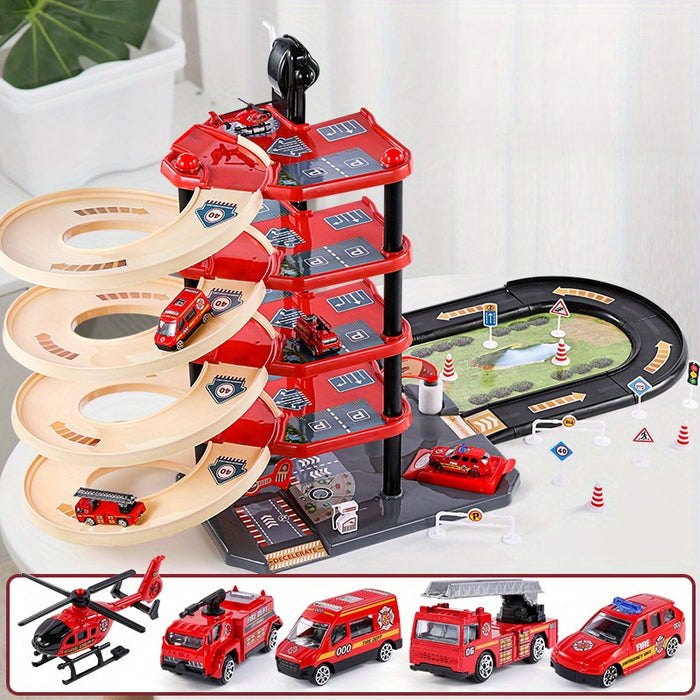 FirePark Garage Spielset - Mehrere Etagen mit Feuerwehrwagen und Verkehrsschildern für abenteuerlustige Kinder