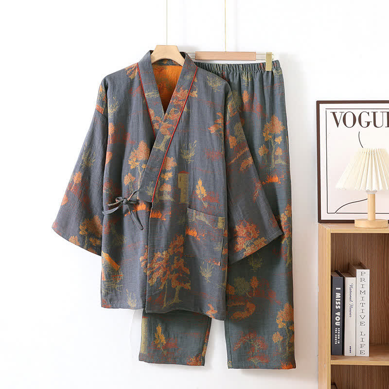 Neutrales Baumwoll-Kimono-Pyjamaset
