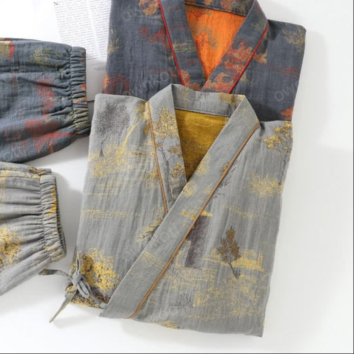 Neutrales Landschaft Kimono Baumwoll Pyjama Set