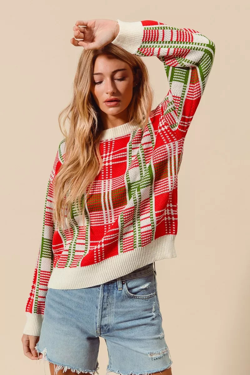 Rot & Grüner Weihnachts-Karierter Pullover mit Rundhalsausschnitt