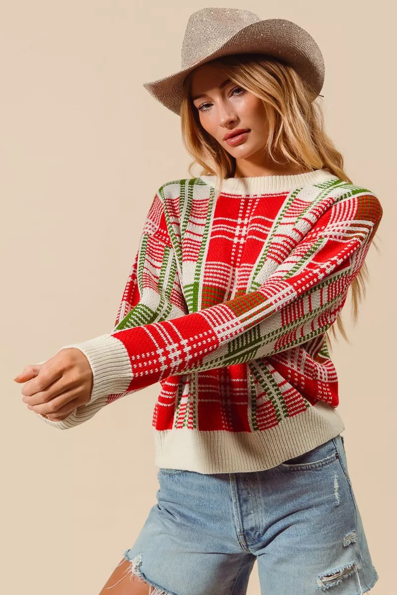 Rot & Grüner Weihnachts-Karierter Pullover mit Rundhalsausschnitt