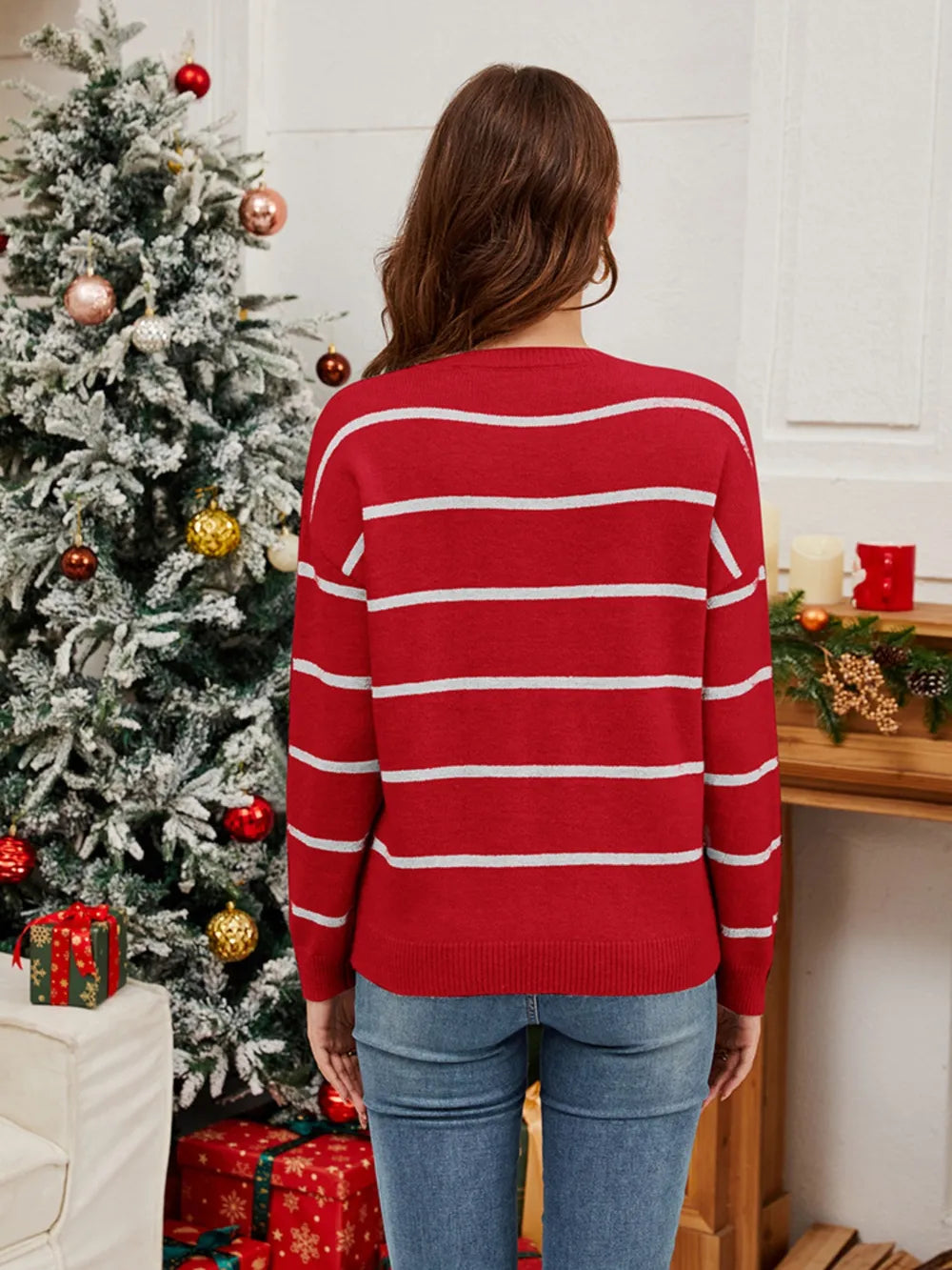 Pailletten-Weihnachts-Pullover mit gestreiftem Santa – Grün, Rot &amp; Schwarz