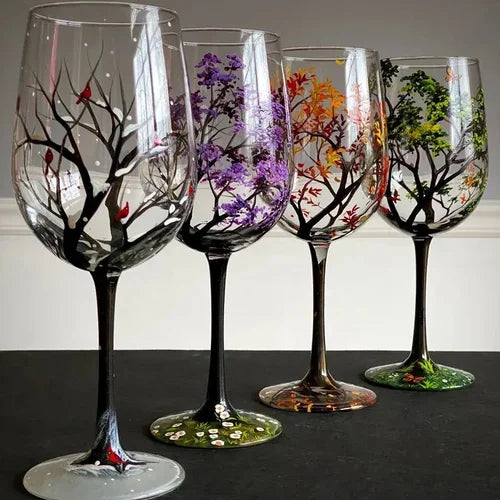 Weingläser Baum der vier Jahreszeiten - Handbemalte Kunst