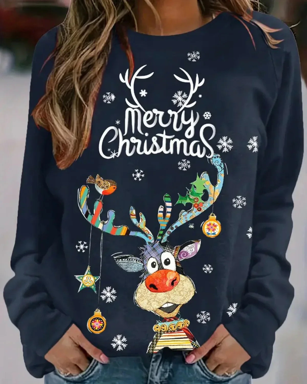 Festlicher Rentierpullover Damen – Warmer Weihnachtspullover mit Rundhalsausschnitt