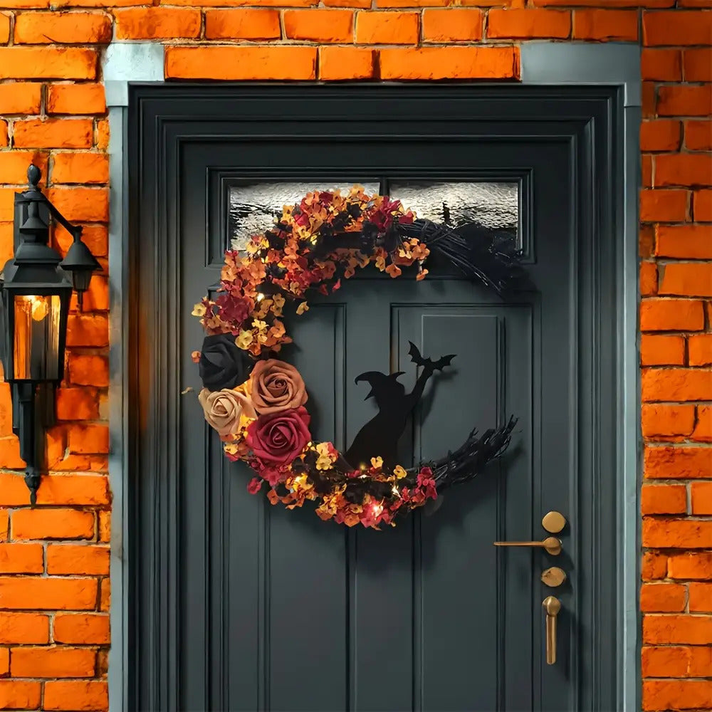 Halloween Rustikale Hexen Blumenkranz | Halbmond Türdekoration