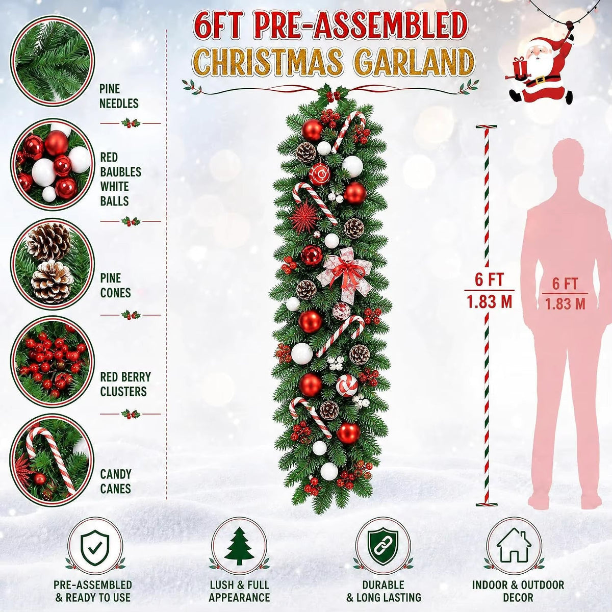 Schneebedeckte Weihnachtsgirlande mit Tannenzapfen und roten Beeren – Flexible Weihnachtsdekoration