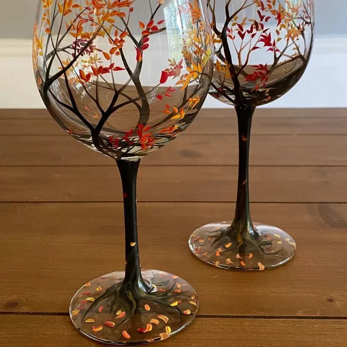 Weingläser Baum der vier Jahreszeiten - Handbemalte Kunst