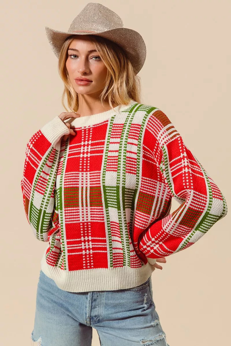 Rot & Grüner Weihnachts-Karierter Pullover mit Rundhalsausschnitt