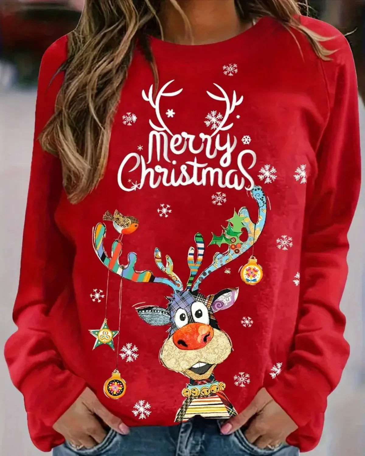 Festlicher Rentierpullover Damen – Warmer Weihnachtspullover mit Rundhalsausschnitt
