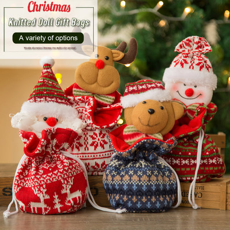 KnitJoy Weihnachtsgeschenkbeutel mit Puppe – Wiederverwendbarer Strickgeschenkbeutel für Kinder