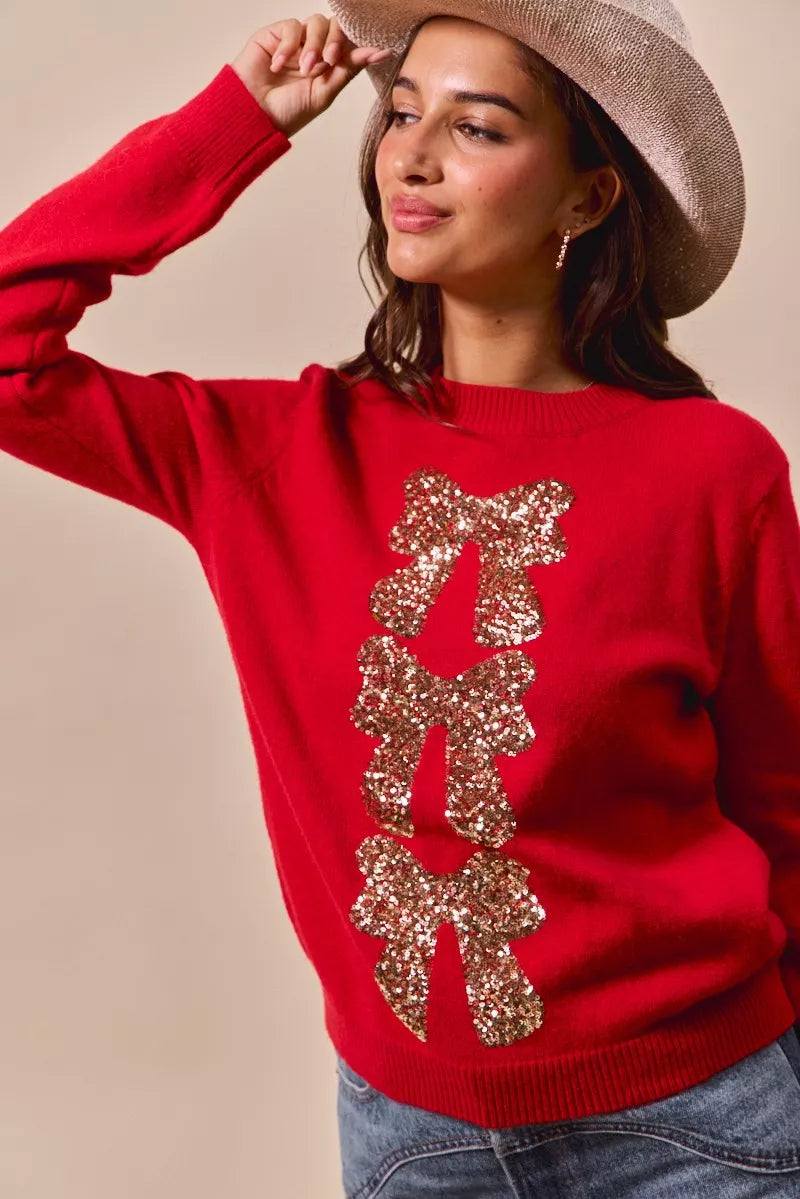 Roter Pailletten-Bow-geschmückter Weihnachtspullover
