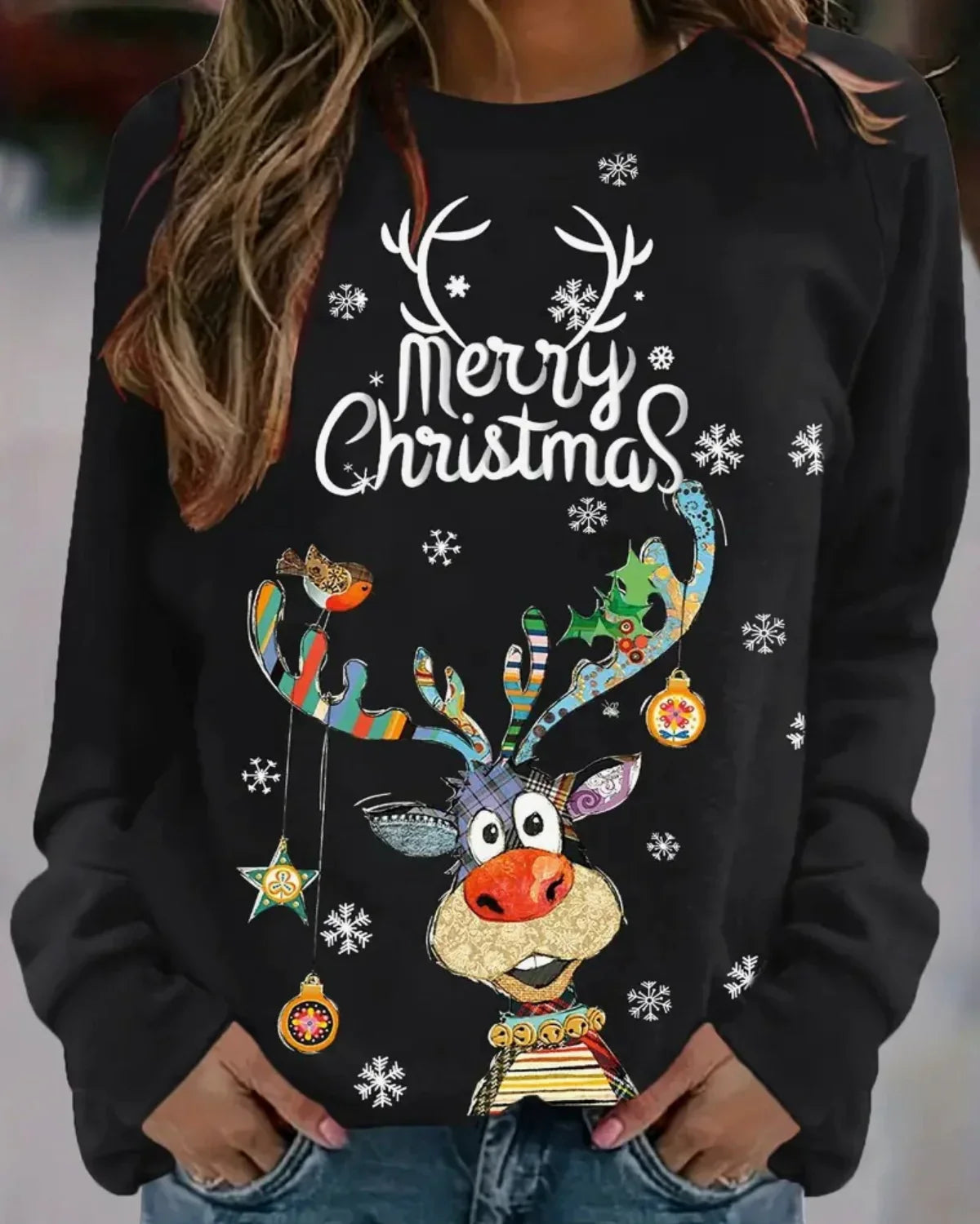 Festlicher Rentierpullover Damen – Warmer Weihnachtspullover mit Rundhalsausschnitt