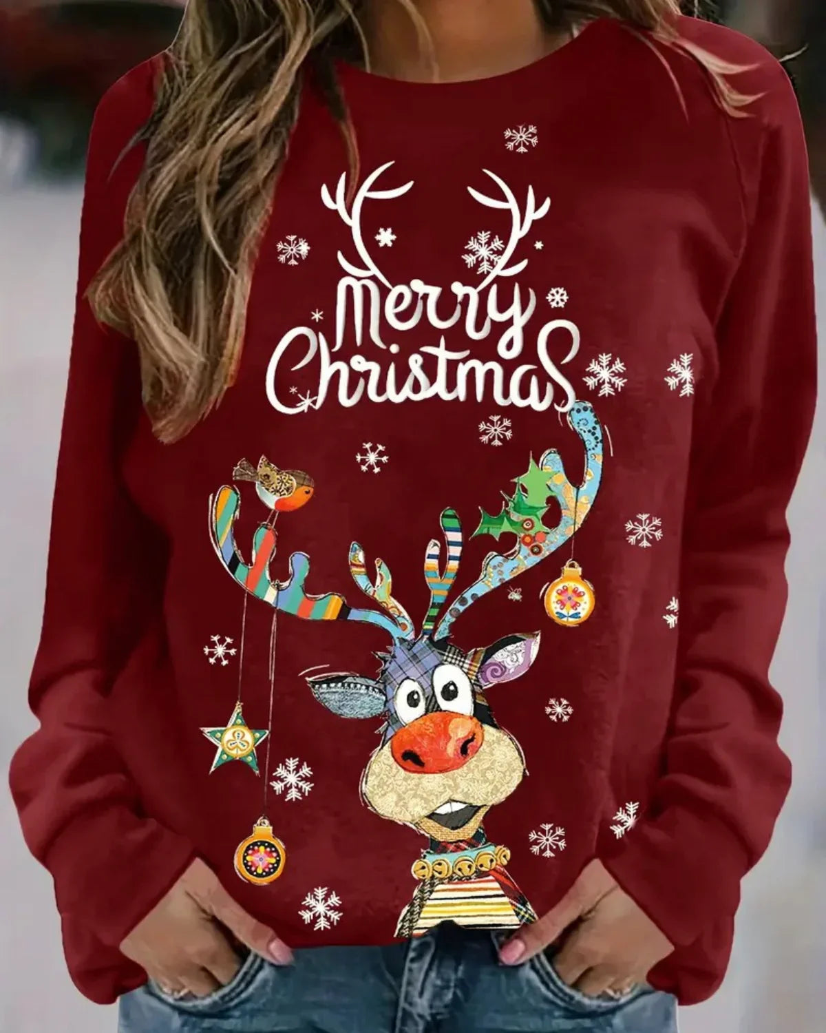 Festlicher Rentierpullover Damen – Warmer Weihnachtspullover mit Rundhalsausschnitt