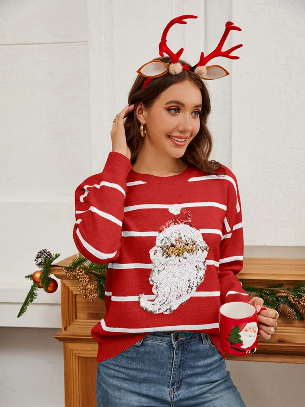 Pailletten-Weihnachts-Pullover mit gestreiftem Santa – Grün, Rot &amp; Schwarz