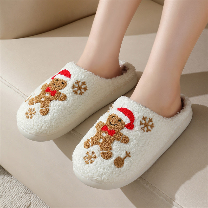 Warme Weihnachts Hausschuhe mit Schneeflocken- und Lebkuchen-Design