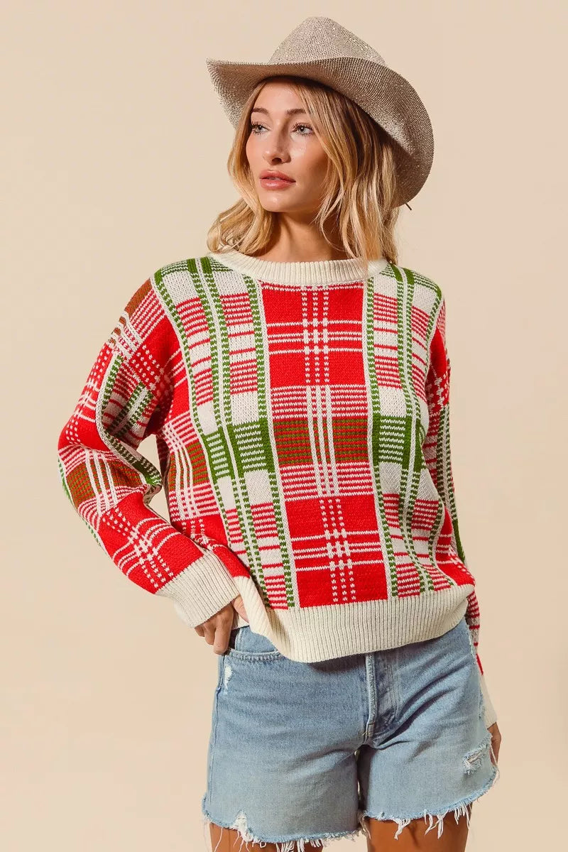 Rot & Grüner Weihnachts-Karierter Pullover mit Rundhalsausschnitt