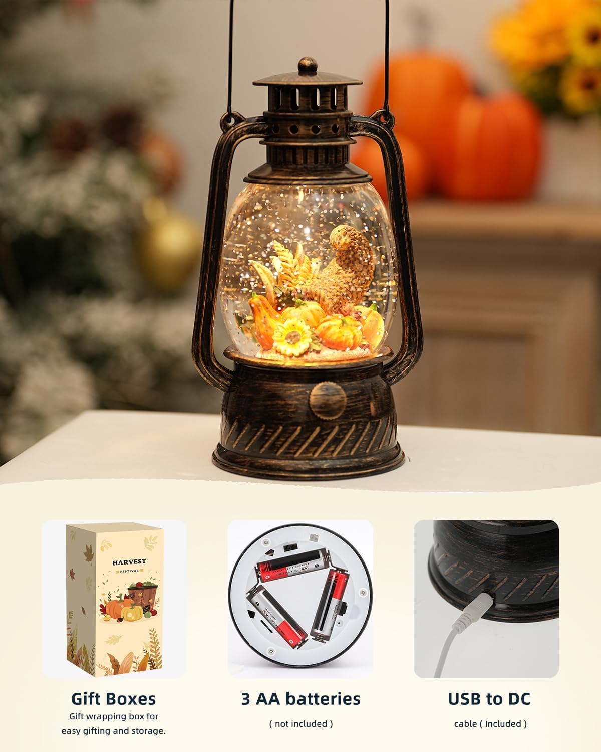 Herbstglanz Dekorative Lampe mit Kürbissen – Warmes LED-Licht und 6-Stunden Timer
