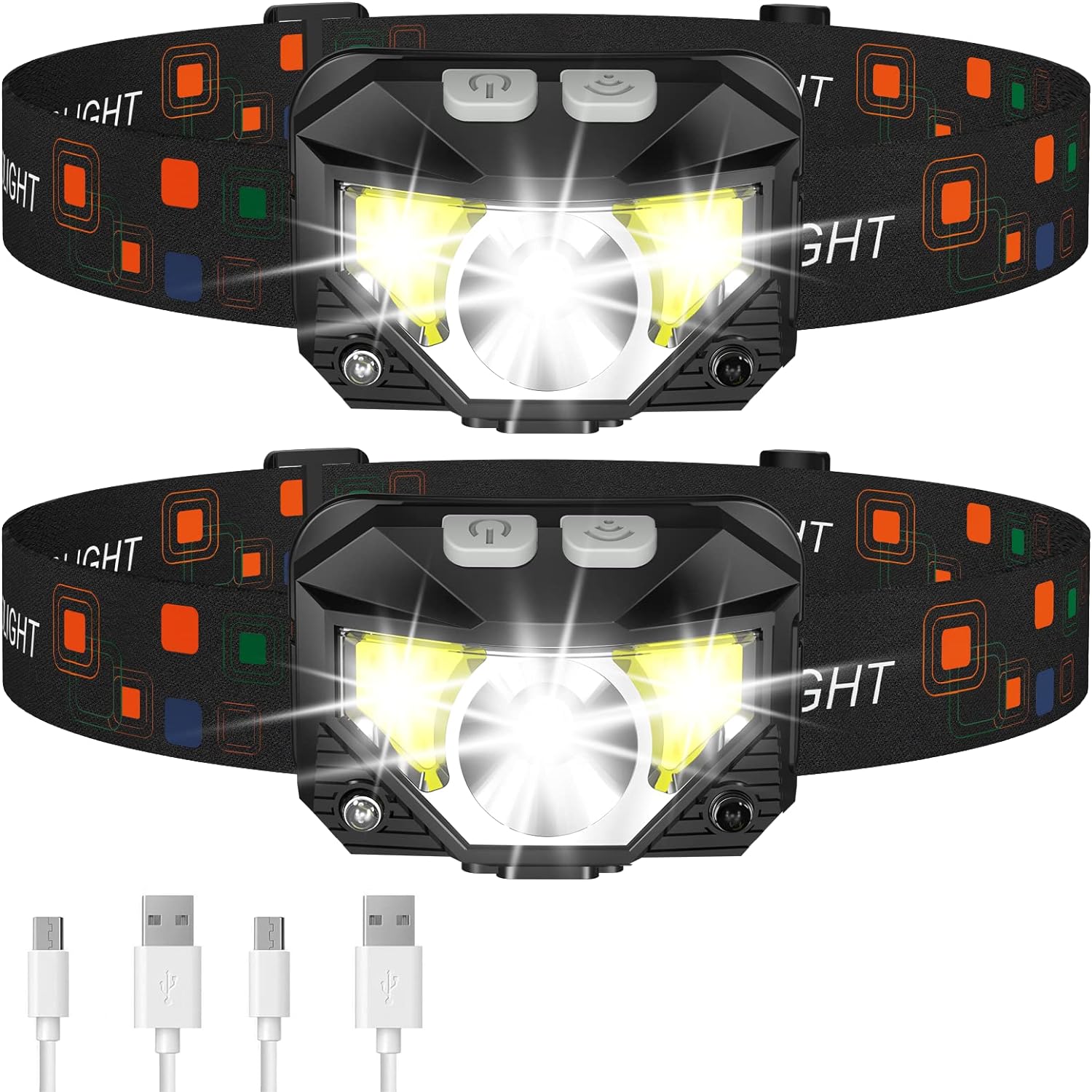 2-Pack Ultra-Hell LED Wiederaufladbare Stirnlampe Taschenlampe Wasserdicht Und Bewegungssensor