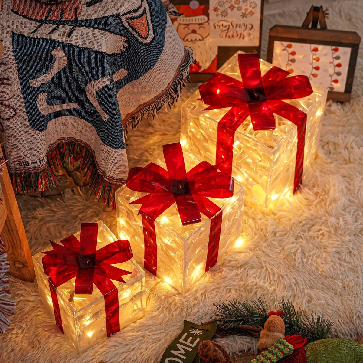 LED Weihnachtsgeschenkbeleuchtung – Set aus 3 beleuchteten Geschenkboxen für Innen & Außen