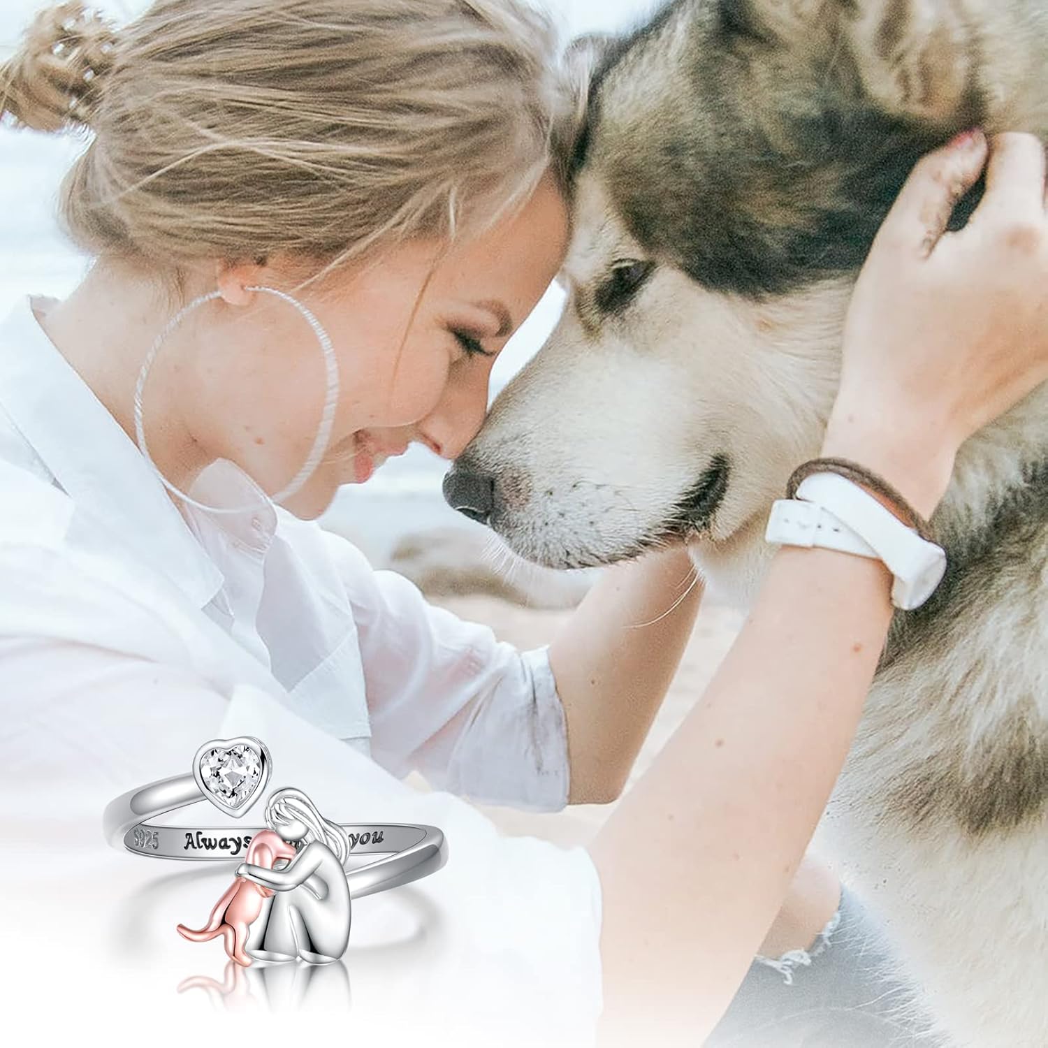 SilverPaw | Verstellbarer Hunde-Ring Immer in meinem Herzen mit Zirkonia-Steinen