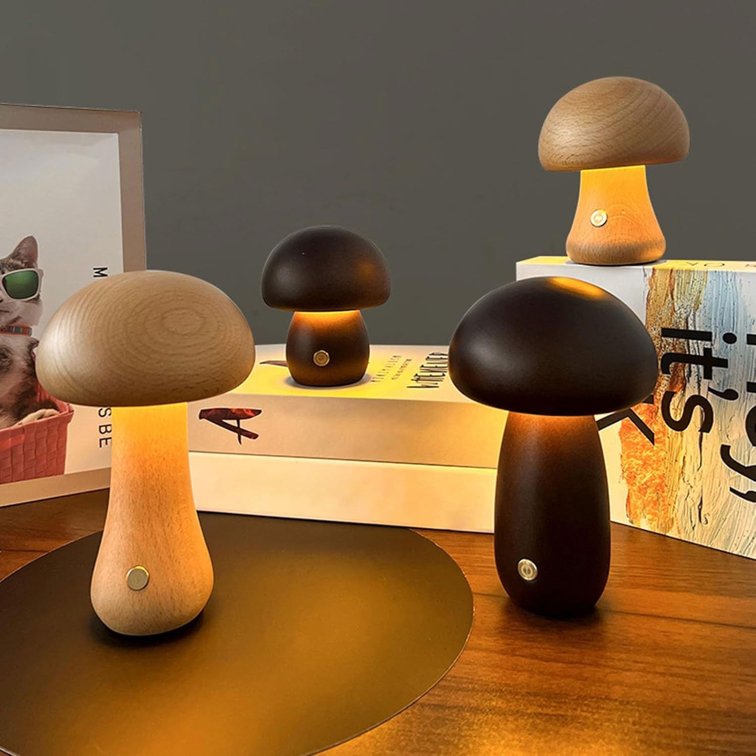 Dimmbares LED-Pilznachtlicht aus Holz mit USB-Ladung