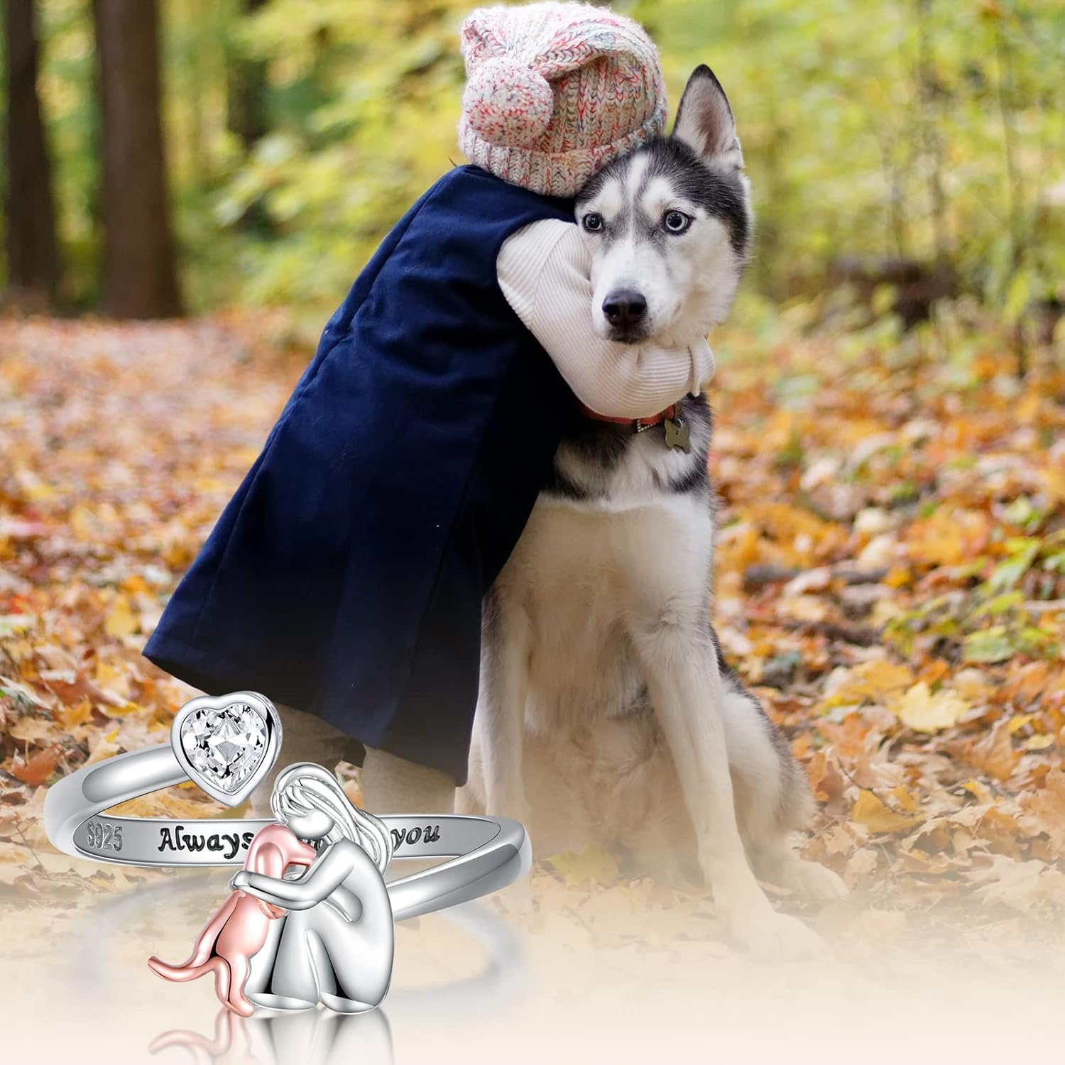 SilverPaw | Verstellbarer Hunde-Ring Immer in meinem Herzen mit Zirkonia-Steinen