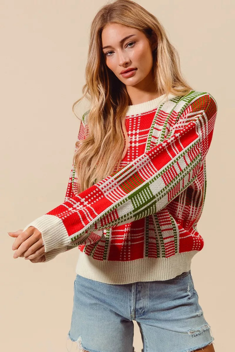 Rot & Grüner Weihnachts-Karierter Pullover mit Rundhalsausschnitt