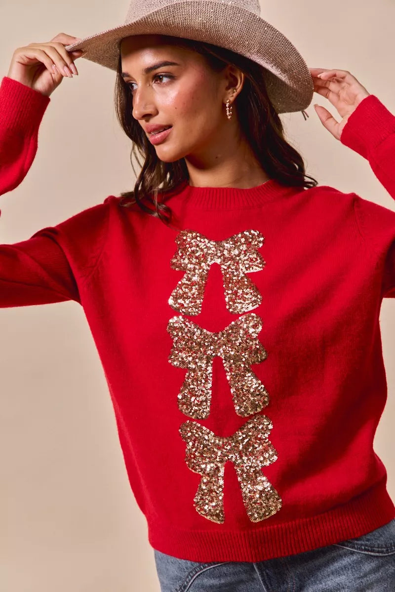 Roter Pailletten-Bow-geschmückter Weihnachtspullover