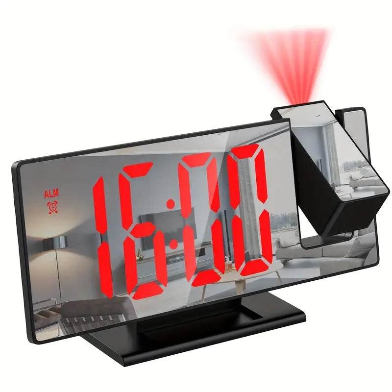 180° Verstellbare LED Projektionswecker – Schlummerfunktion, 12/24H Zeit- & Temperaturanzeige, Spiegel-Design – USB betrieben, Nachtmodus & Speicherfunktion