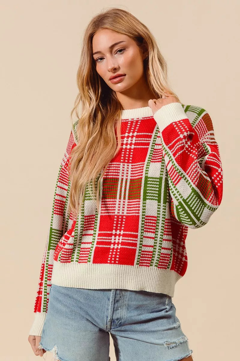 Rot & Grüner Weihnachts-Karierter Pullover mit Rundhalsausschnitt