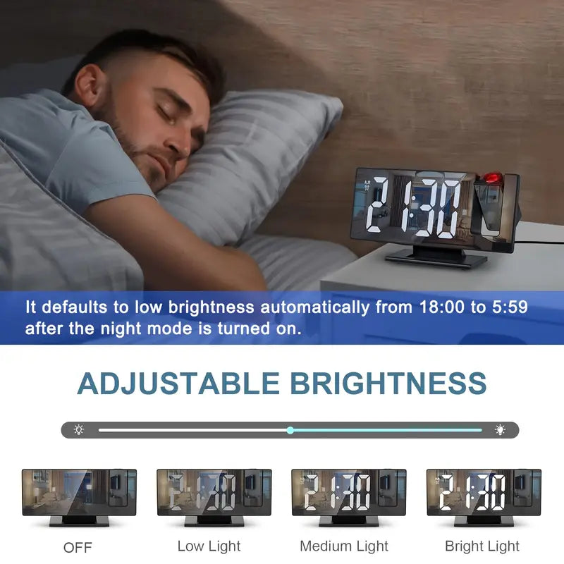 180° Verstellbare LED Projektionswecker – Schlummerfunktion, 12/24H Zeit- & Temperaturanzeige, Spiegel-Design – USB betrieben, Nachtmodus & Speicherfunktion