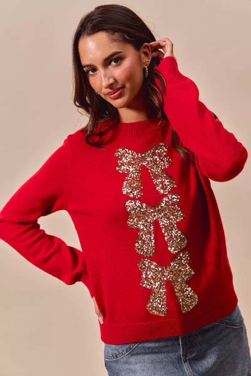 Roter Pailletten-Bow-geschmückter Weihnachtspullover