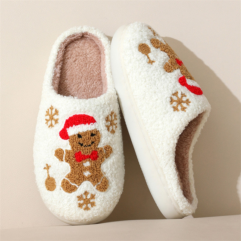 Warme Weihnachts Hausschuhe mit Schneeflocken- und Lebkuchen-Design