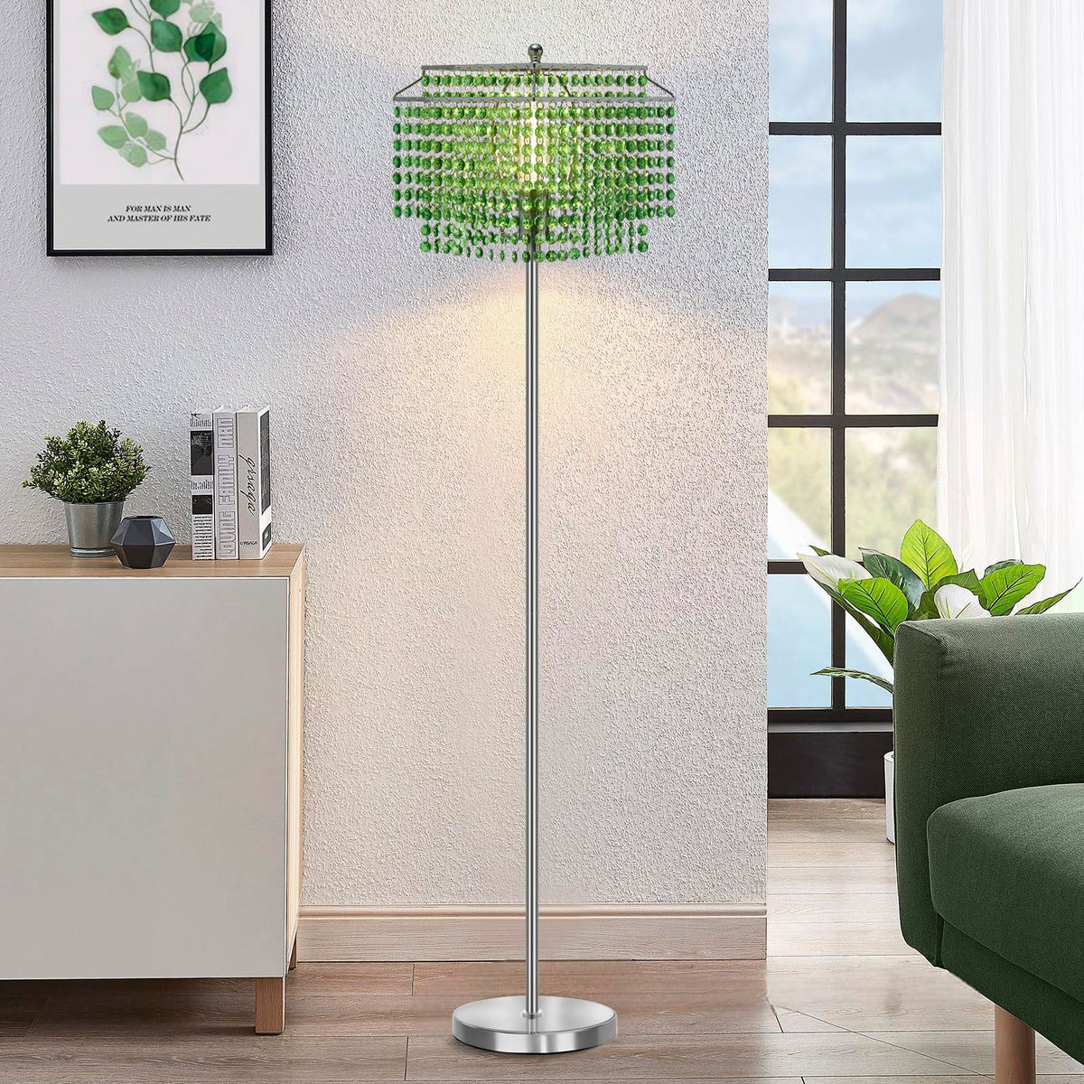 Kristall Stehlampe 164 cm – Silberne Stehlampe mit grünem Doppel-Lampenschirm