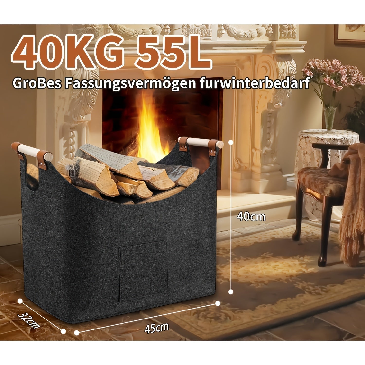 Feldura Faltbare Filz-Holzkiste 55 Liter mit Holzgriffen und Lederakzenten, Dunkelgrau