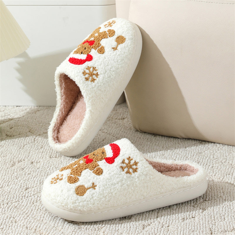 Warme Weihnachts Hausschuhe mit Schneeflocken- und Lebkuchen-Design