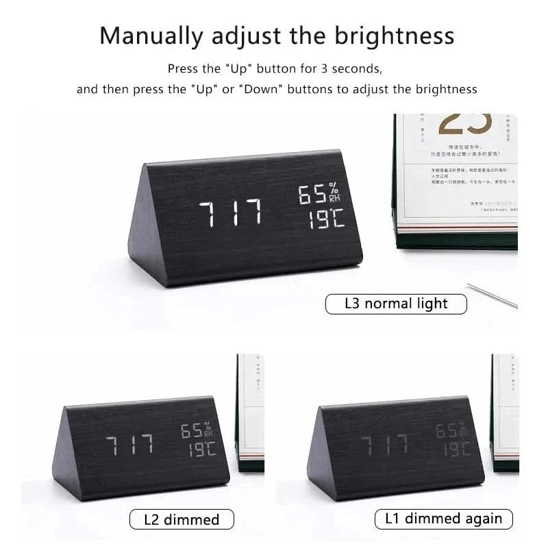 Futura Wecker Holzoptik LED Mit Drei Alarmen Temperaturanzeige Einstellbare Helligkeit