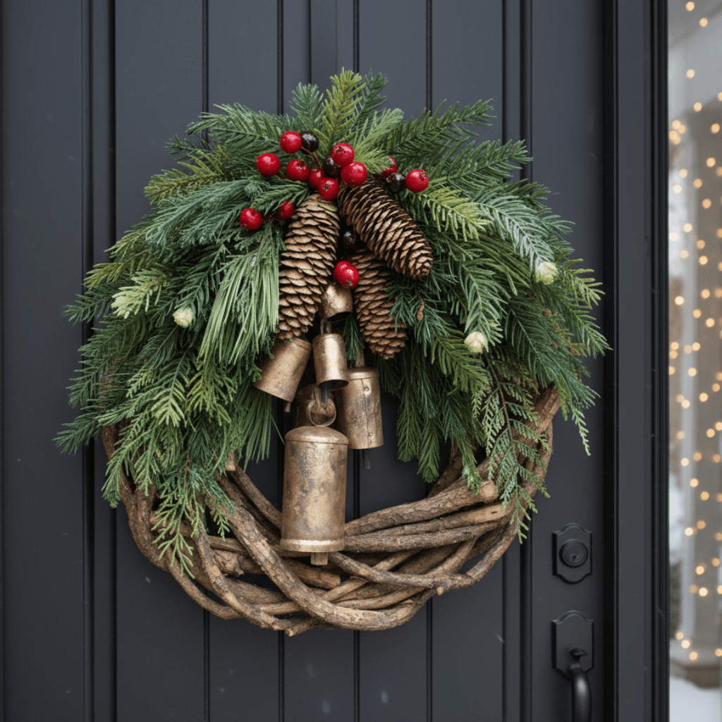 Rustikale Weihnachtskranz mit Holzdekoration und Weihnachtsglocken