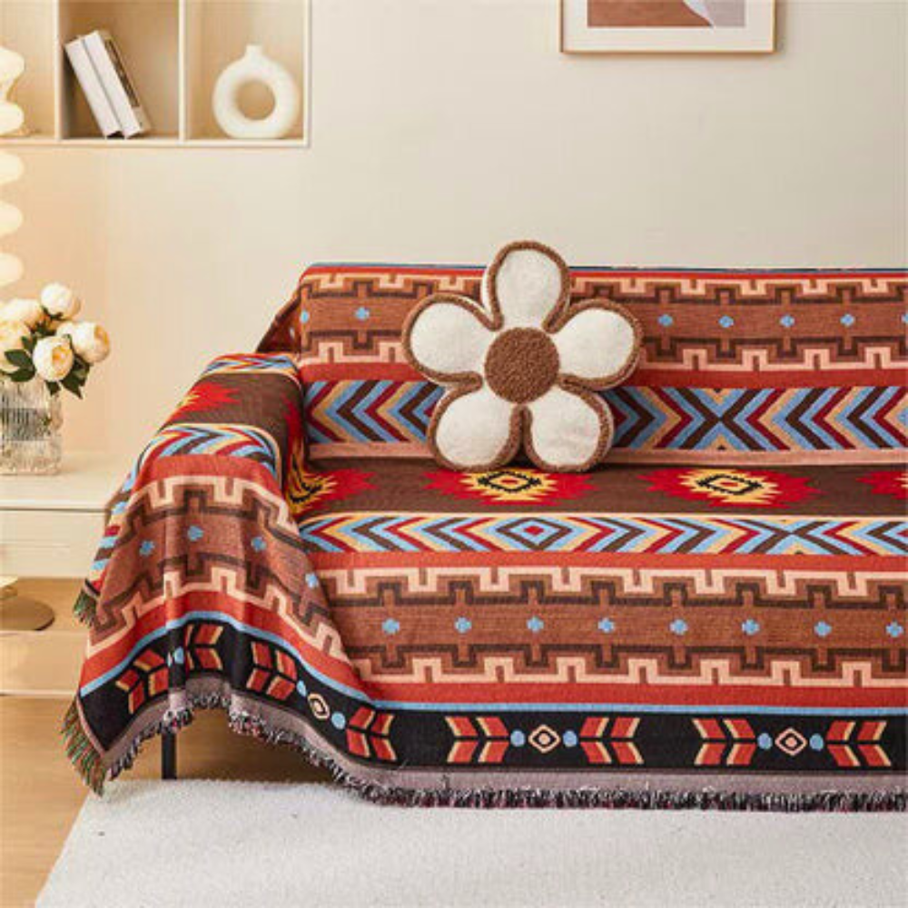 Boho Sofabezug mit Geometrischen Mustern und Fransen
