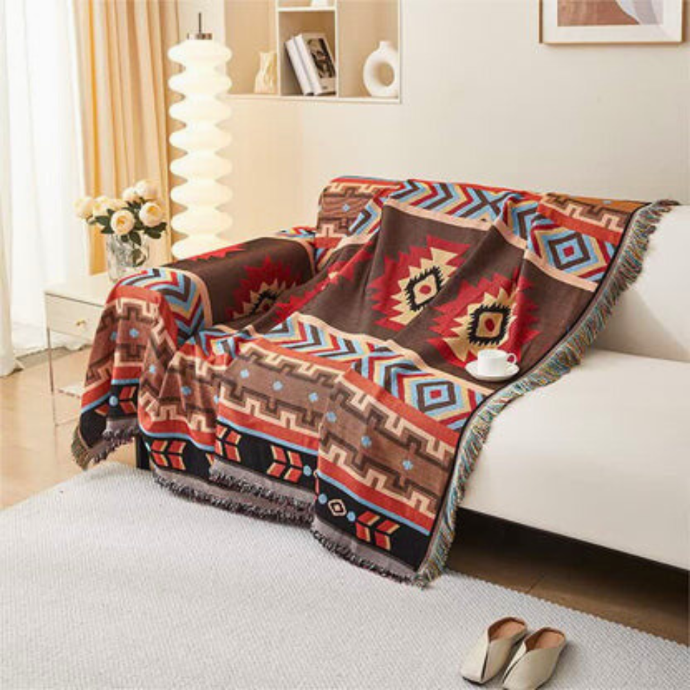 Boho Sofabezug mit Geometrischen Mustern und Fransen