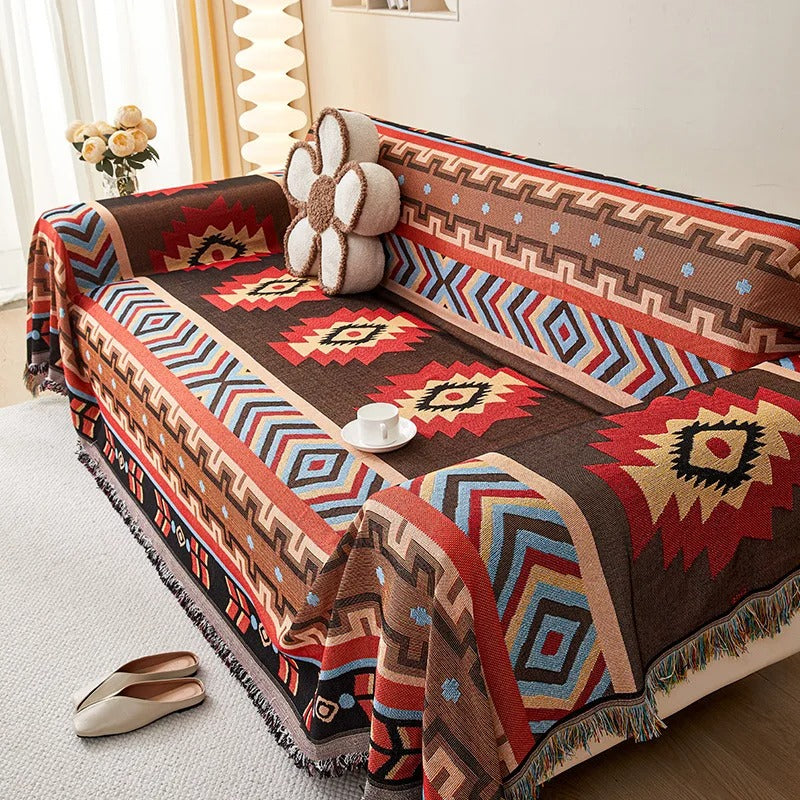 Boho Sofabezug mit Geometrischen Mustern und Fransen