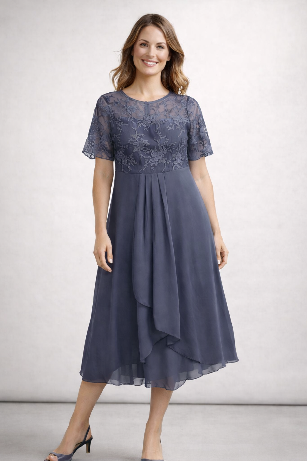 Damen Midikleid mit Spitze und Chiffon Kurzarm