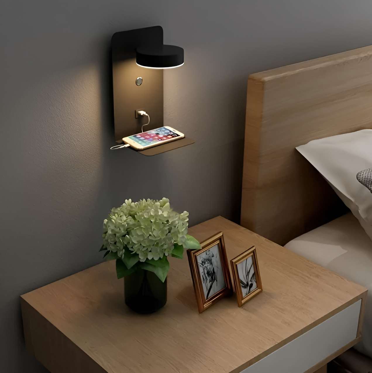 DazzleShelf | Minimalistisch & USB-Lade Nachttischlampe