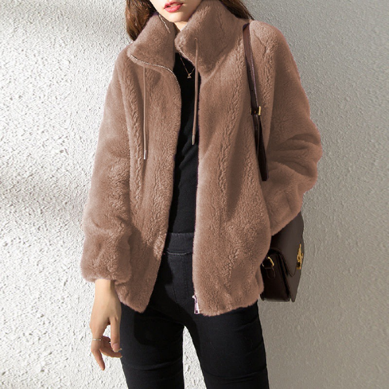 CozyCharm Damen Teddyjacke – Warme Fleecejacke mit Reißverschluss und Kordelzug
