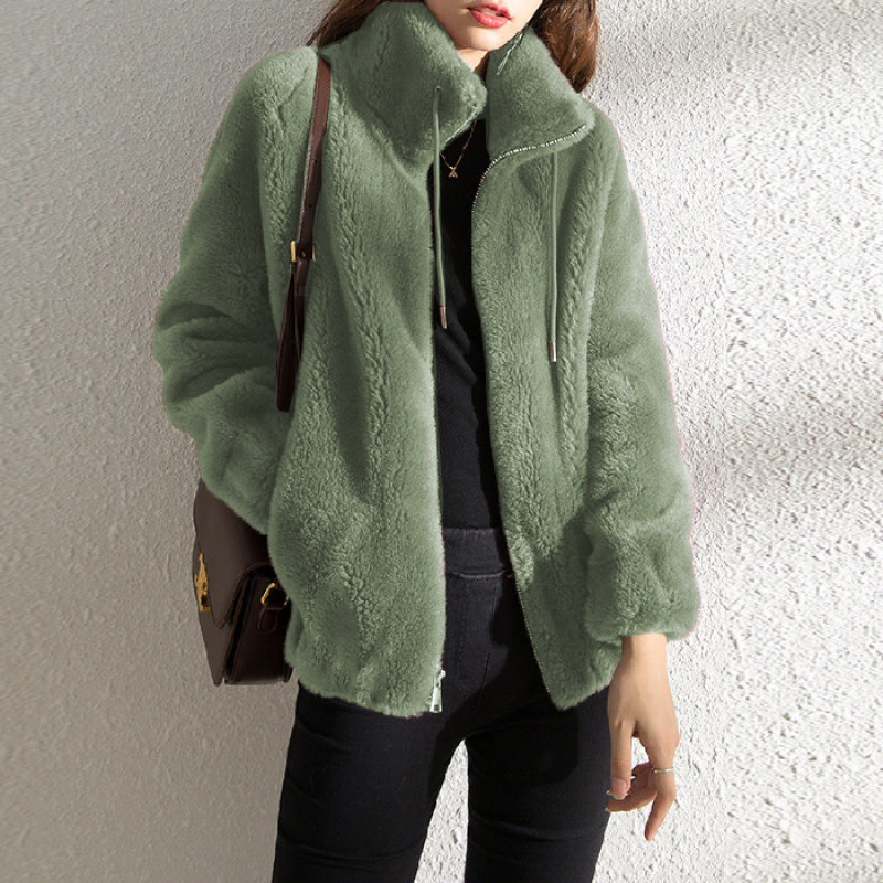 CozyCharm Damen Teddyjacke – Warme Fleecejacke mit Reißverschluss und Kordelzug