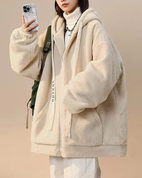 Oversized Damen Fleecejacke mit Kapuze – Weicher Plüsch Hoodie
