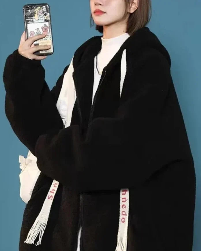 Oversized Damen Fleecejacke mit Kapuze – Weicher Plüsch Hoodie